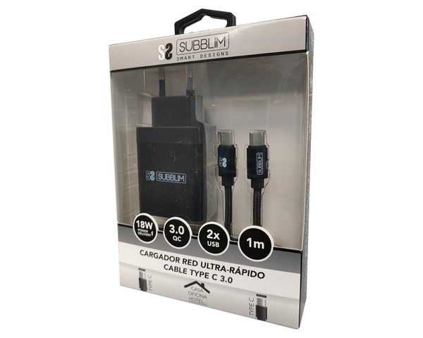 Subblim Cargador de Pared USB 2.4A + Cable USB-C Negro