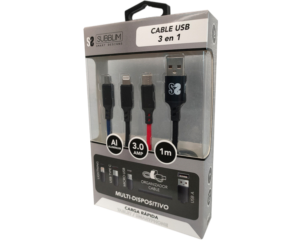 Subblim Cable 3 en 1 Micro USB/USB-C/Lighting a USB 2.0 Macho/Macho 1m Negro