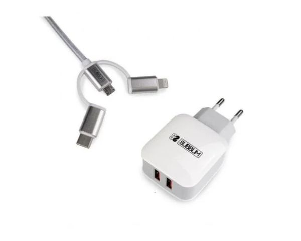 Subblim Cargador 2xUSB 2.4A + Cable 3 en 1 MicroUSB/USB-C/Lightning Blanco