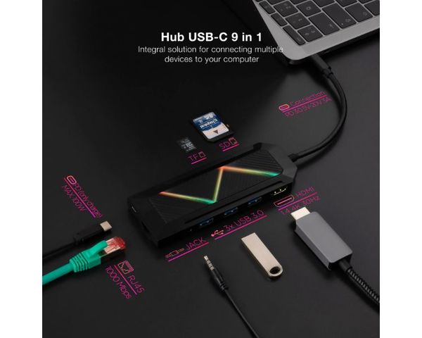 Nanocable Hub 9 en 1 USB-C a USB/USB-C/HDMI/RJ45/Lector Tarjetas/Jack 3.5mm/PD 100W
