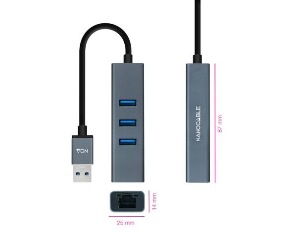 Nanocable Hub USB 3.0 a Ethernet Gigabit + 3x USB 3.0 Aluminio