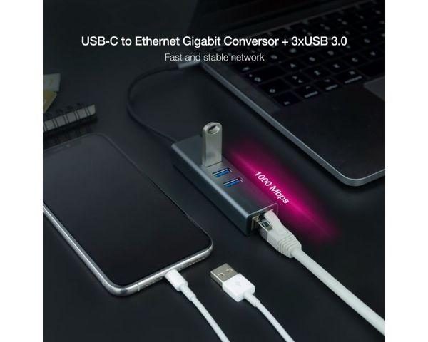 Nanocable Hub USB-C a Ethernet Gigabit + 3x USB3.0 Aluminio