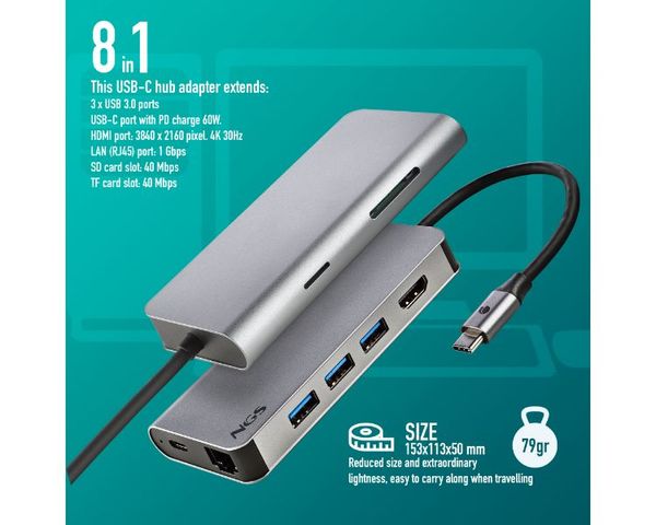 NGS Wonderdock8 Hub 8 en 1 USB-C a HDMI/USB 3.0/RJ45/Lector SD/PD 60W