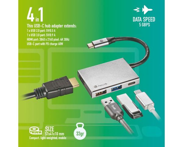 NGS Wonderdock4 Hub 4 en 1 USB-C a HDMI/USB 3.0/USB 2.0/PD 60W