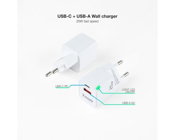 TooQ Cargador de pared GAN USB-C/PD + UBS-A QC 20W
