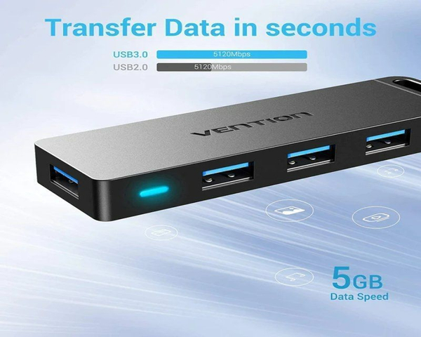 Vention CHLBD HUB 4 Puertos USB3.0 a 4xUSB 1xMicro USB PD Gris