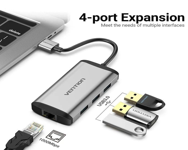 Vention Hub USB 3.0 x 3 USB 3.0 y Gigabit Ethernet LAN RJ45 15CM Gris