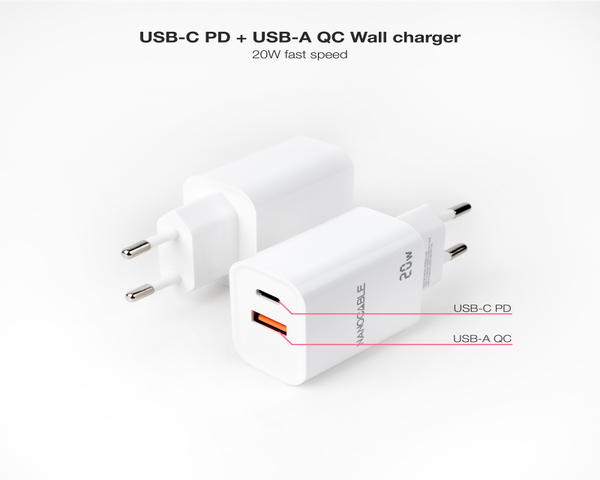 Nanocable Cargador Adaptador USB-A y USB-C 20W Blanco